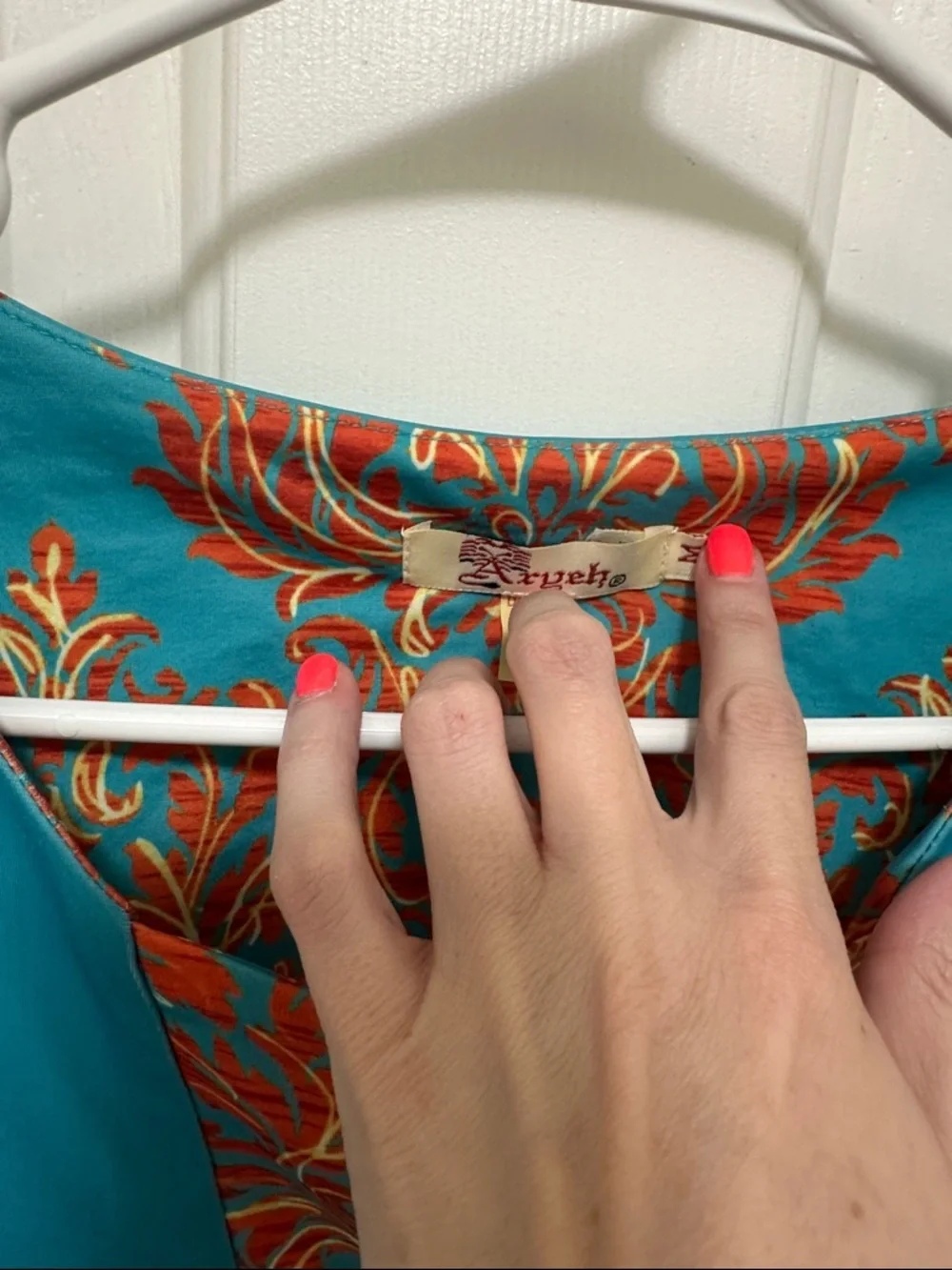 0066 Aryeh Turquoise Sleeveless Dress with Orange Damask Print women’s medium - Picture 5 of 6